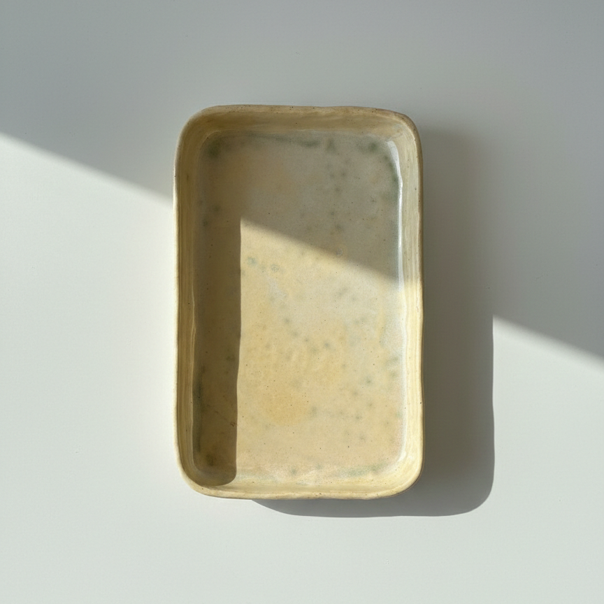 Rectangular ceramic dish on a light gray background